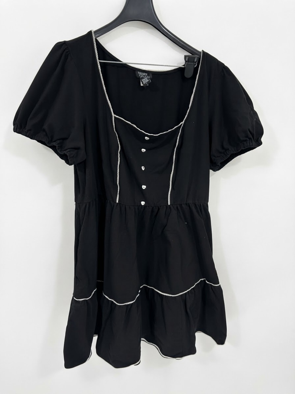 Thorn & Fable Black White Trim Tiered Puff Sleeve Mini Dress Size 3XL